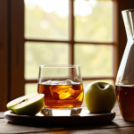 **

A serene and softly lit tasting space featuring a selection of Glencairn glasses and tumblers arranged on a wooden table. Focus on the warm amber hue of whiskey in a Glencairn glass, capturing the subtle light refracting through the liquid. In the background, a blurred silhouette of a person preparing apple slices and a water pitcher, creating a relaxing, focused atmosphere.

**