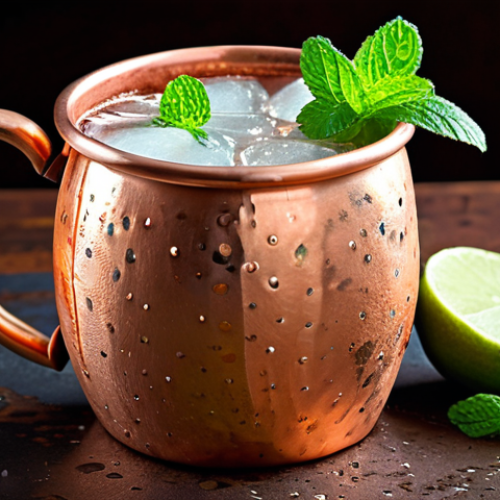 **

A refreshing Moscow Mule in a copper mug, garnished with a lime wedge and a sprig of mint. Focus on the condensation on the mug and the vibrant colors of the drink.

**