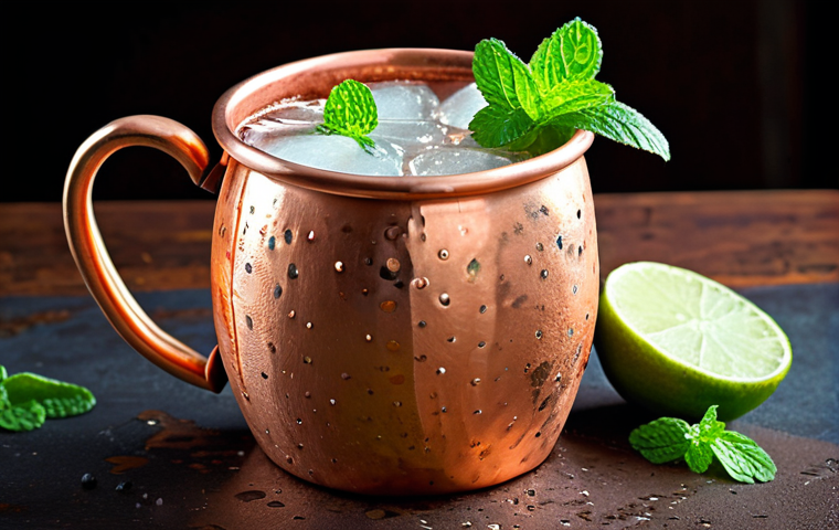 **

A refreshing Moscow Mule in a copper mug, garnished with a lime wedge and a sprig of mint. Focus on the condensation on the mug and the vibrant colors of the drink.

**