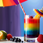 **Image Prompt:** A beautifully layered "Rainbow Cocktail" in a tall glass, showcasing distinct layers of vibrant liqueurs. The glass is garnished with a small paper umbrella and a fruit skewer featuring colorful berries. The background is softly blurred, hinting at a festive New Year's Eve party atmosphere.