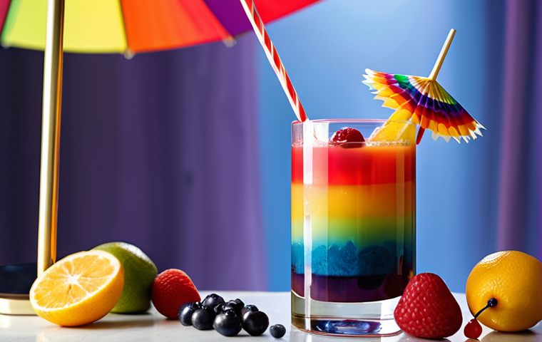 **Image Prompt:** A beautifully layered "Rainbow Cocktail" in a tall glass, showcasing distinct layers of vibrant liqueurs. The glass is garnished with a small paper umbrella and a fruit skewer featuring colorful berries. The background is softly blurred, hinting at a festive New Year's Eve party atmosphere.