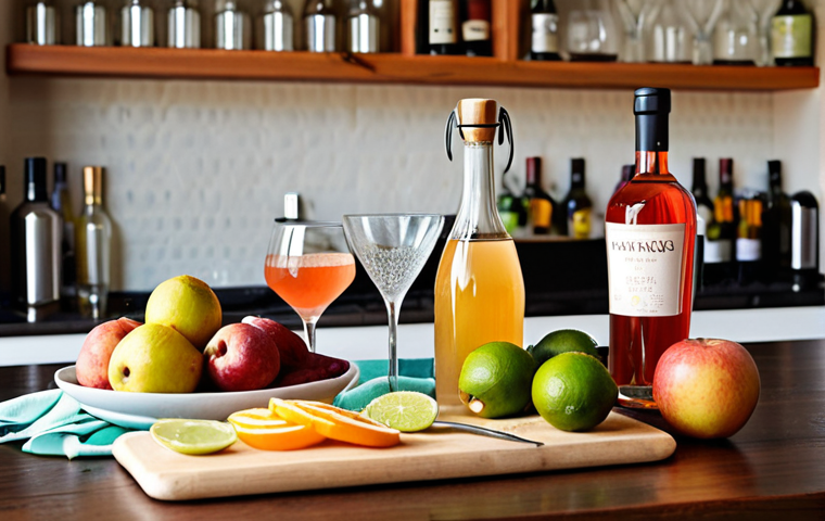 **Prompt 1: Home Mixologist's Creative Corner**
    "A well-organized, inviting home bar setup on a clean kitchen counter. Essential mixology tools such as a jigger, a long bar spoon, and a two-step wine opener are neatly arranged. Surrounding them are abundant fresh, vibrant ingredients: colorful berries, sliced lemons, limes, and oranges, fragrant mint, rosemary, and prominently, Polish apples and pears. Various wine bottles (white, rosé, sparkling) are subtly visible in the soft-focus background. Natural, warm light illuminates the scene, emphasizing freshness, creativity, and the joy of crafting homemade wine cocktails in a cozy domestic setting."